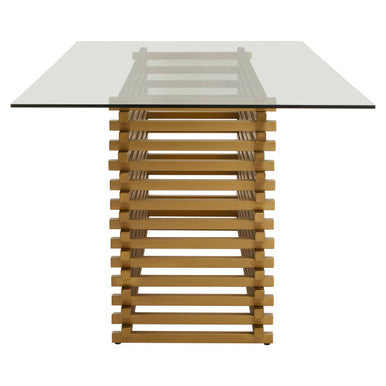 Rectangular Glass Top Dining Table with Matte Gold Stainless Steel Base | Vogue