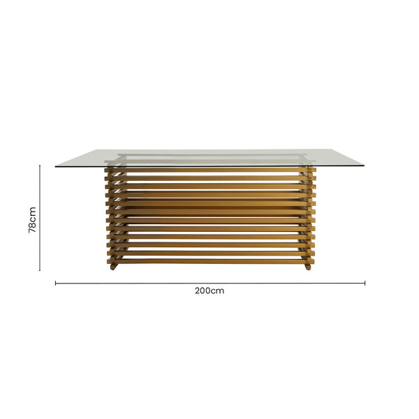 Rectangular Glass Top Dining Table with Matte Gold Stainless Steel Base | Vogue