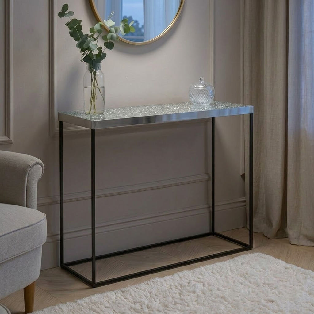 Akola Silver Finish Console Table with Black Finish Legs