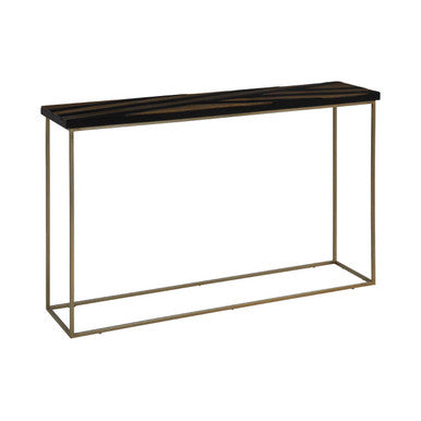 Black and Gold Striped Acacia Wood Console Table with Interconnected Metal Legs | Aris