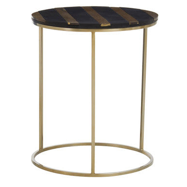 Black and Gold Striped Acacia Wood Round Coffee Table with Interconnected Metal Legs | Aris