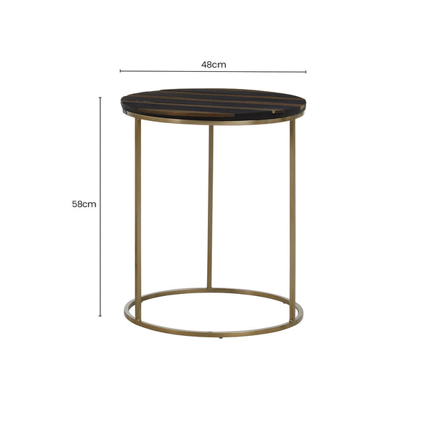 Black and Gold Striped Acacia Wood Round Coffee Table with Interconnected Metal Legs | Aris