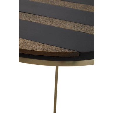 Black and Gold Striped Acacia Wood Round Coffee Table with Interconnected Metal Legs | Aris