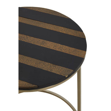 Black and Gold Striped Acacia Wood Round Coffee Table with Interconnected Metal Legs | Aris