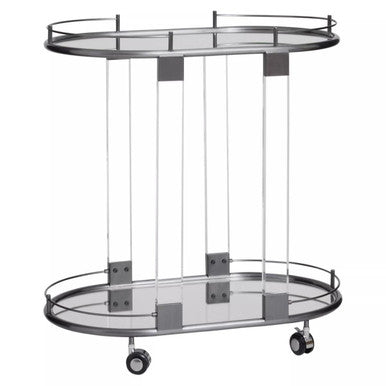 Oria Mirrored Glass Oval Drinks Trolley with Black Finish Frame