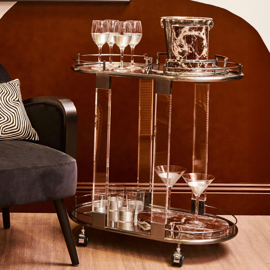 Oria Mirrored Glass Oval Drinks Trolley with Black Finish Frame