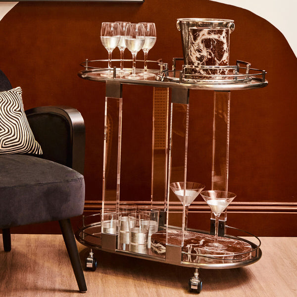 Oria Mirrored Glass Oval Drinks Trolley with Black Finish Frame