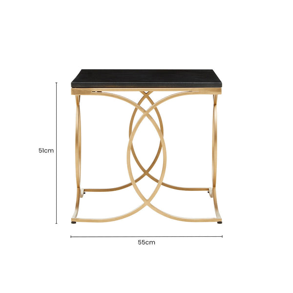 Black Marble Top Side Table with Gold Finish Interlocking Stainless Steel Frame | Kia