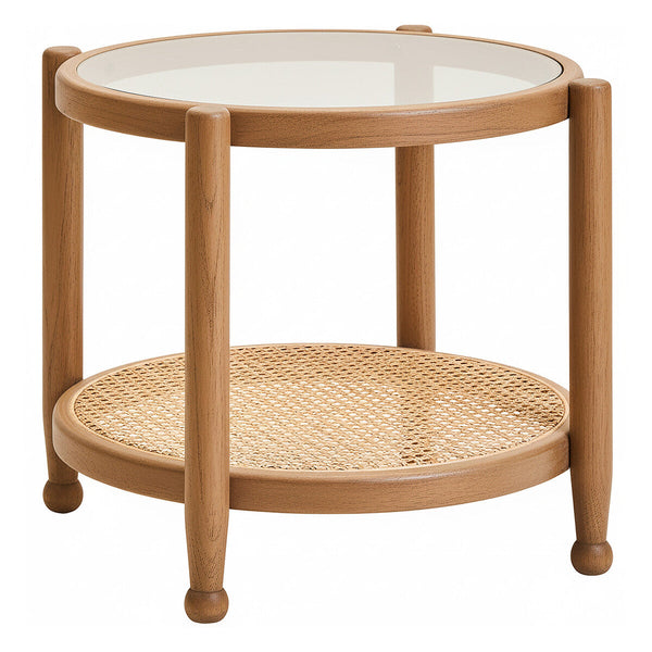 Grey Wash Elm Wood Side Table with Glass Top and Cane Shelf | Cebu