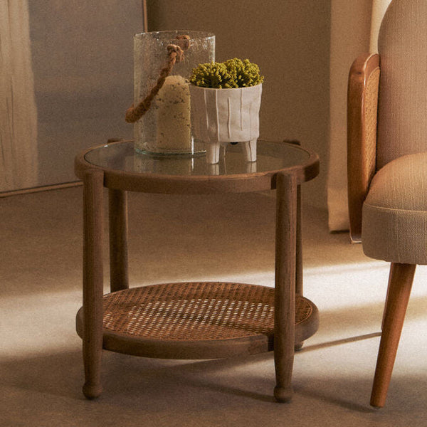Grey Wash Elm Wood Side Table with Glass Top and Cane Shelf | Cebu