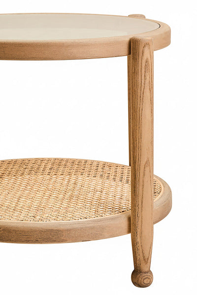 Grey Wash Elm Wood Side Table with Glass Top and Cane Shelf | Cebu