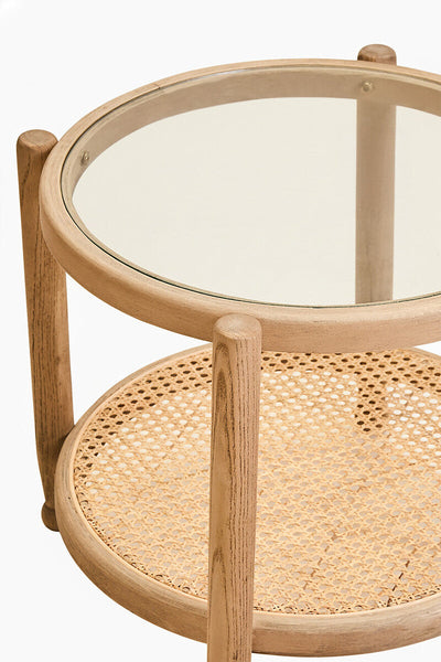 Grey Wash Elm Wood Side Table with Glass Top and Cane Shelf | Cebu