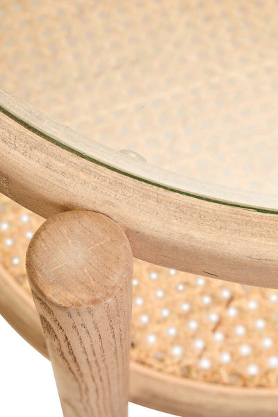 Grey Wash Elm Wood Side Table with Glass Top and Cane Shelf | Cebu