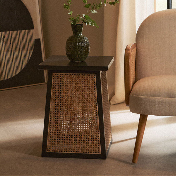 Cebu Black Wood and Natural Rattan Square Side Table