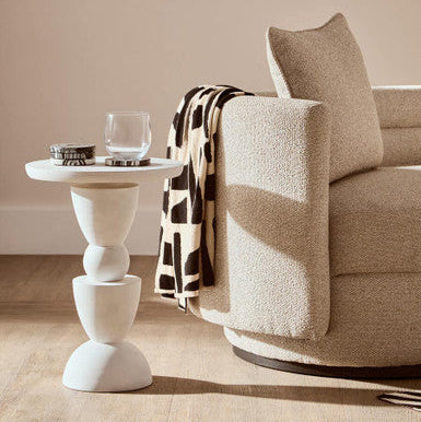 Whitewash Mango Wood Round Top Side Table with Sculptural Pedestal Base | Walsa