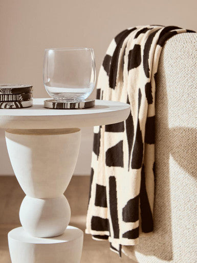 Whitewash Mango Wood Round Top Side Table with Sculptural Pedestal Base | Walsa