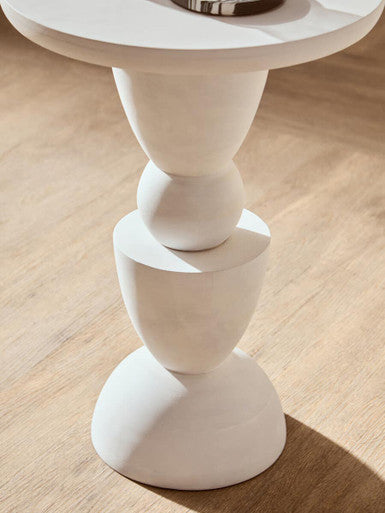 Whitewash Mango Wood Round Top Side Table with Sculptural Pedestal Base | Walsa
