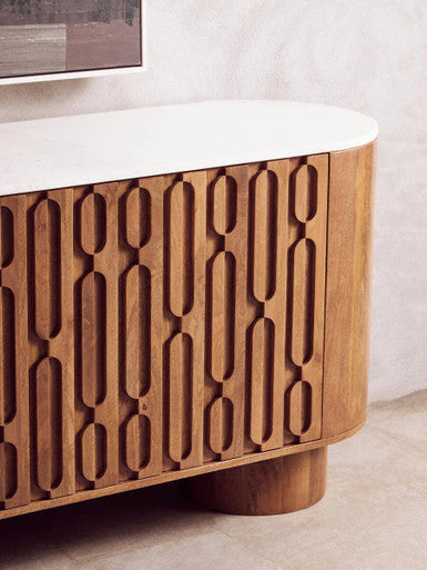 Torcino Mango Wood Carved Design Marble Top Three Door Sideboard