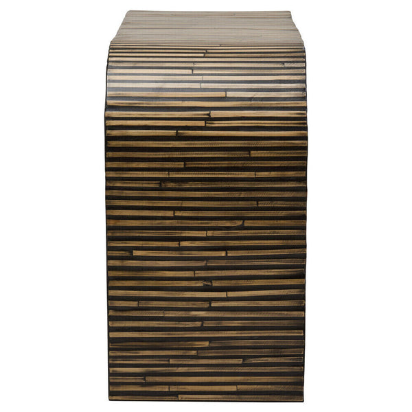 Natural Bamboo Inlay Curved Console Table with Sculptural Striped Design, Bambusa