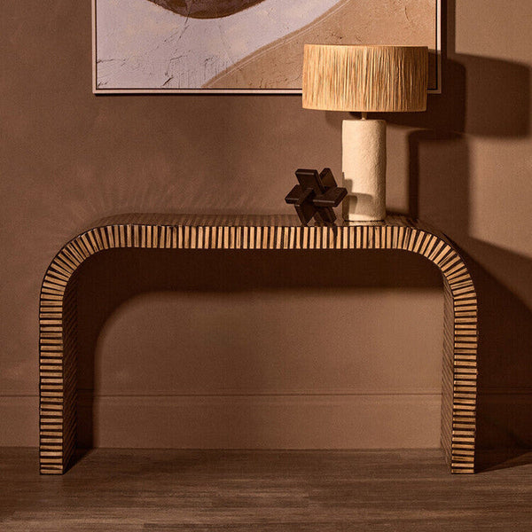 Natural Bamboo Inlay Curved Console Table with Sculptural Striped Design, Bambusa