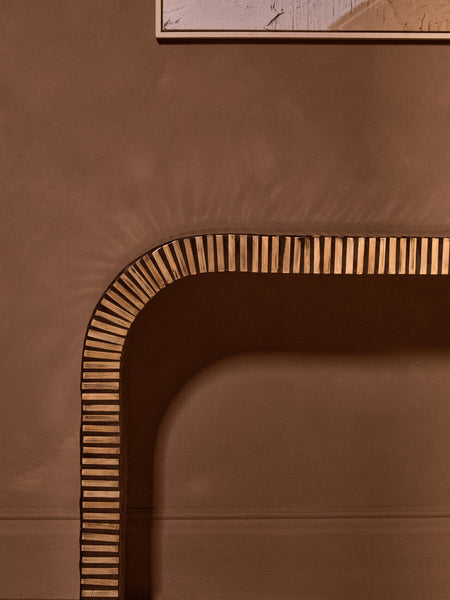 Natural Bamboo Inlay Curved Console Table with Sculptural Striped Design, Bambusa