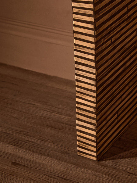 Natural Bamboo Inlay Curved Console Table with Sculptural Striped Design, Bambusa