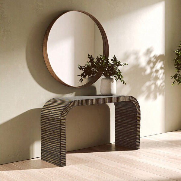Natural Bamboo Inlay Curved Console Table with Sculptural Striped Design, Bambusa