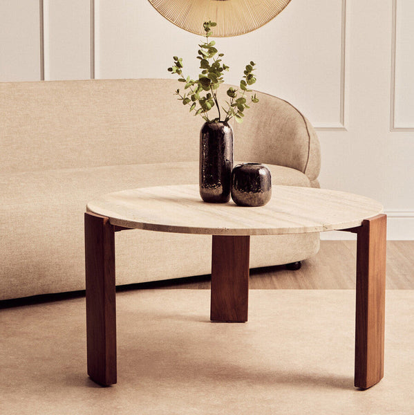 Palermo Travertine and Natural Acacia Wood Large Round Coffee Table