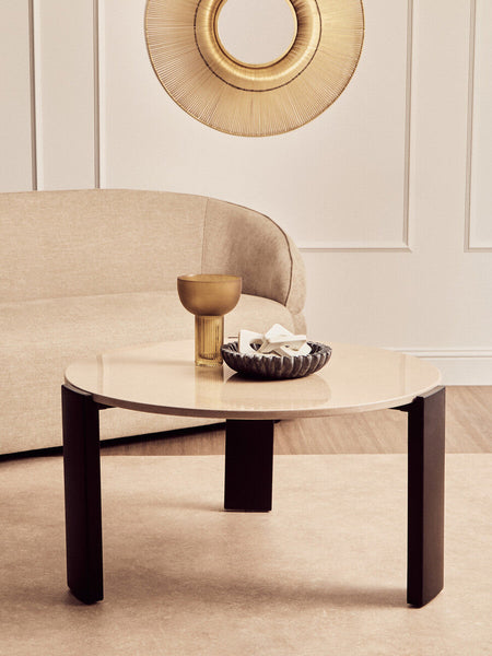 Palermo Cream Marble and Black Acacia Wood Large Round Coffee Table