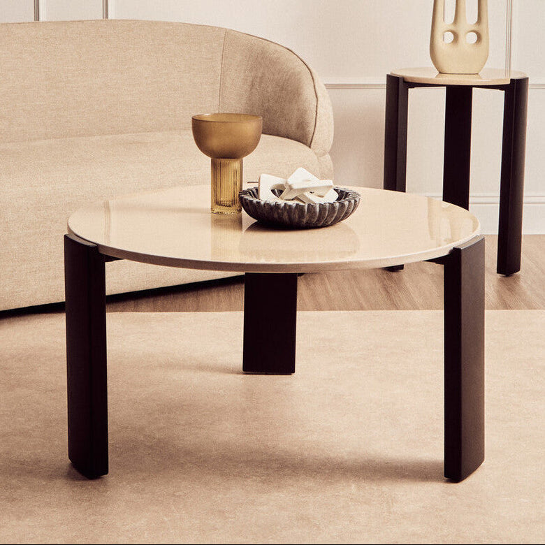 Palermo Cream Marble and Black Acacia Wood Large Round Coffee Table