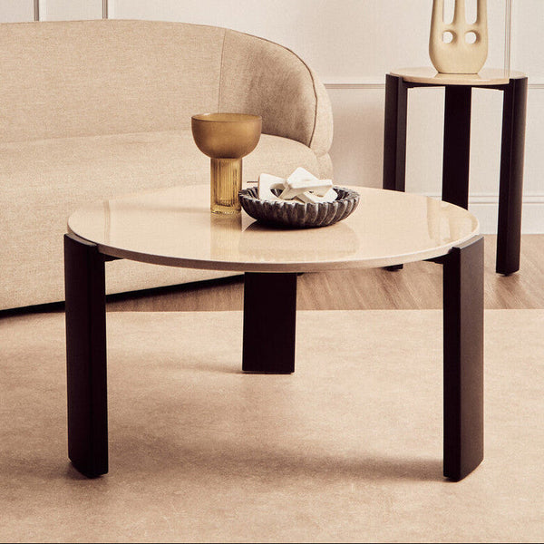 Palermo Cream Marble and Black Acacia Wood Large Round Coffee Table
