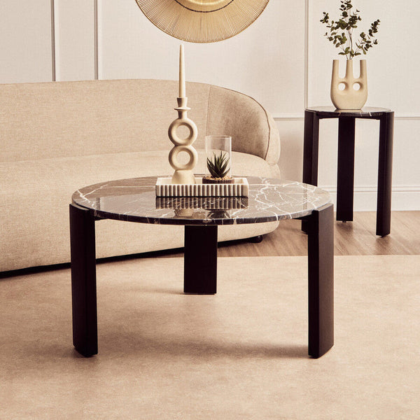 Palermo Black Marble and Acacia Wood Large Round Coffee Table