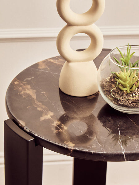 Black Marble Top Round Side Table with Black Acacia Wood Legs | Palermo