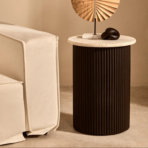 Walton Cream Travertine and Black Acacia Wood Side Table