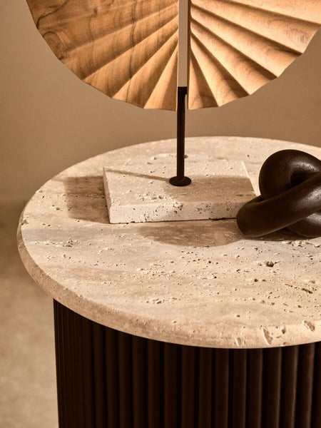 Walton Cream Travertine and Black Acacia Wood Side Table
