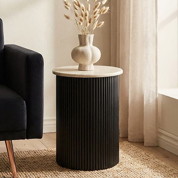 Walton Cream Travertine and Black Acacia Wood Side Table