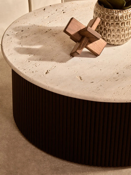 Walton Cream Travertine and Black Acacia Wood Coffee Table