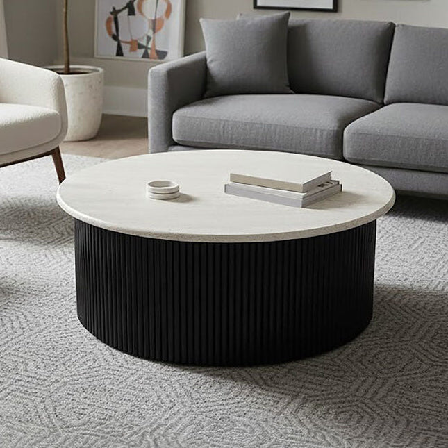 Walton Cream Travertine and Black Acacia Wood Coffee Table