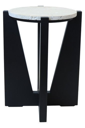Winton Cream Travertine and Black Finish Acacia Wood Side Table