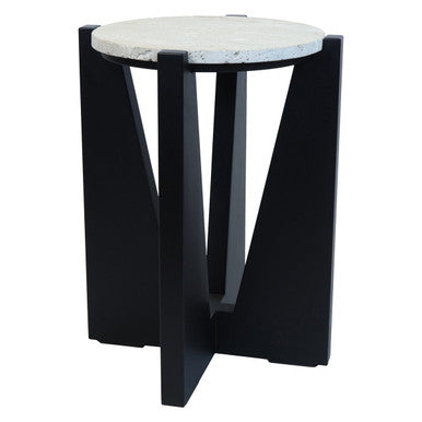 Winton Cream Travertine and Black Finish Acacia Wood Side Table