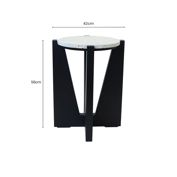 Winton Cream Travertine and Black Finish Acacia Wood Side Table