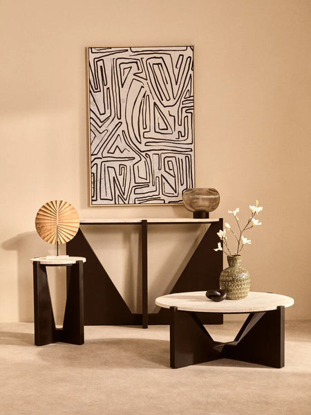 Winton Cream Travertine and Black Finish Acacia Wood Side Table
