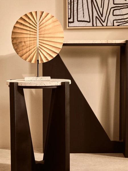 Winton Cream Travertine and Black Finish Acacia Wood Side Table