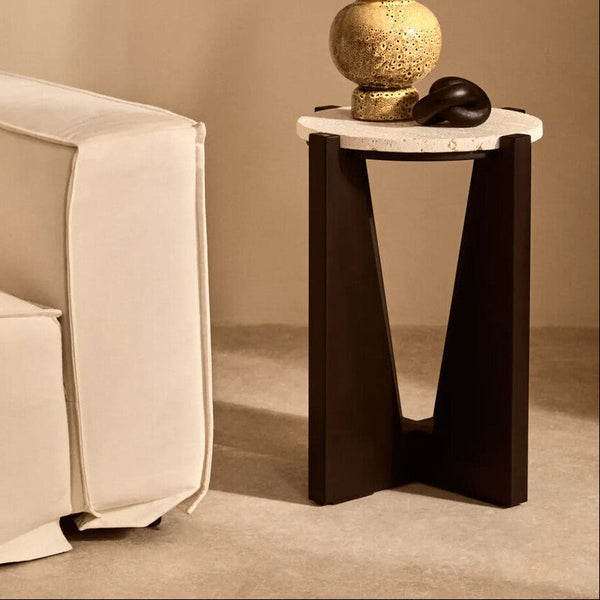 Winton Cream Travertine and Black Finish Acacia Wood Side Table