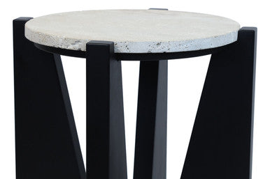 Winton Cream Travertine and Black Finish Acacia Wood Side Table