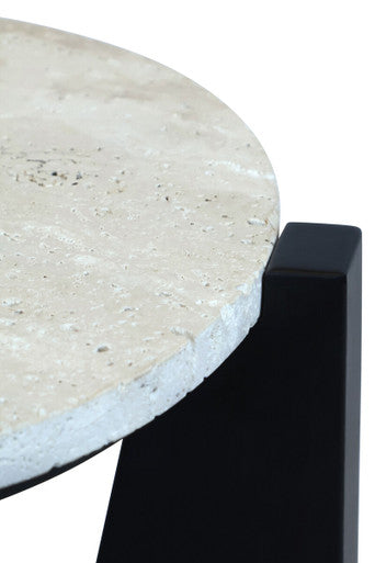 Winton Cream Travertine and Black Finish Acacia Wood Side Table