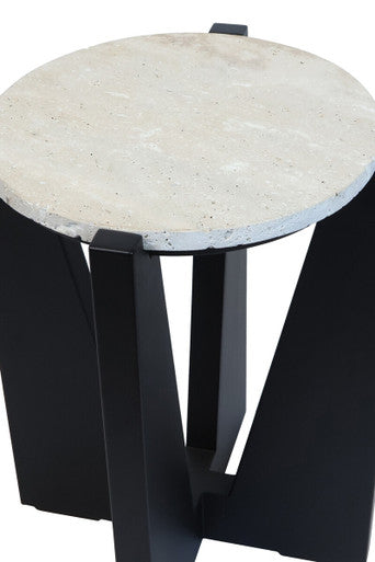 Winton Cream Travertine and Black Finish Acacia Wood Side Table
