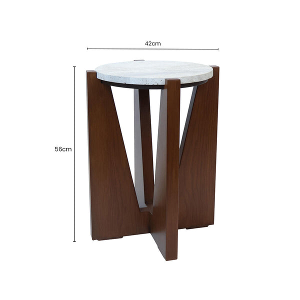 Winton Cream Travertine and Brown Finish Acacia Wood Side Table