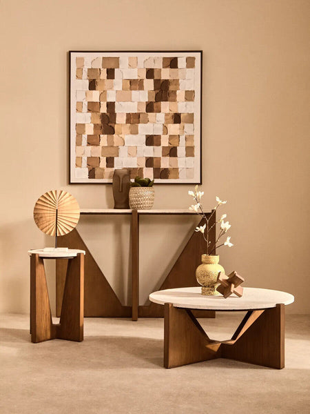 Winton Cream Travertine and Brown Finish Acacia Wood Side Table