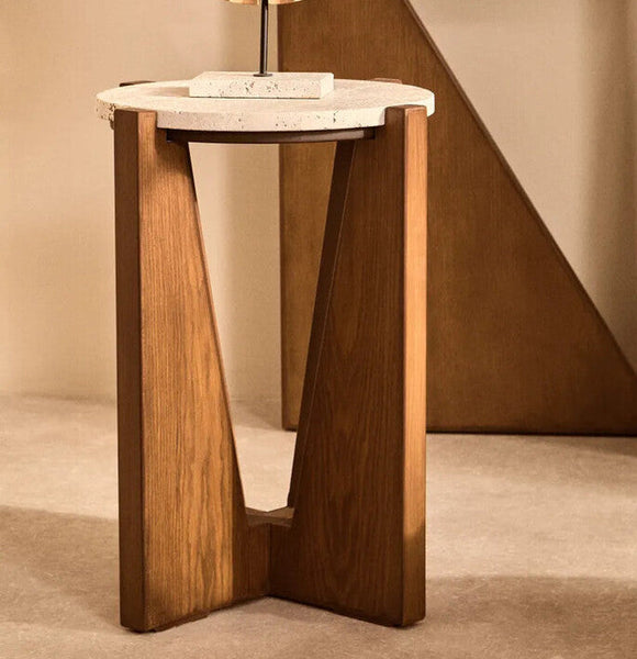 Winton Cream Travertine and Brown Finish Acacia Wood Side Table